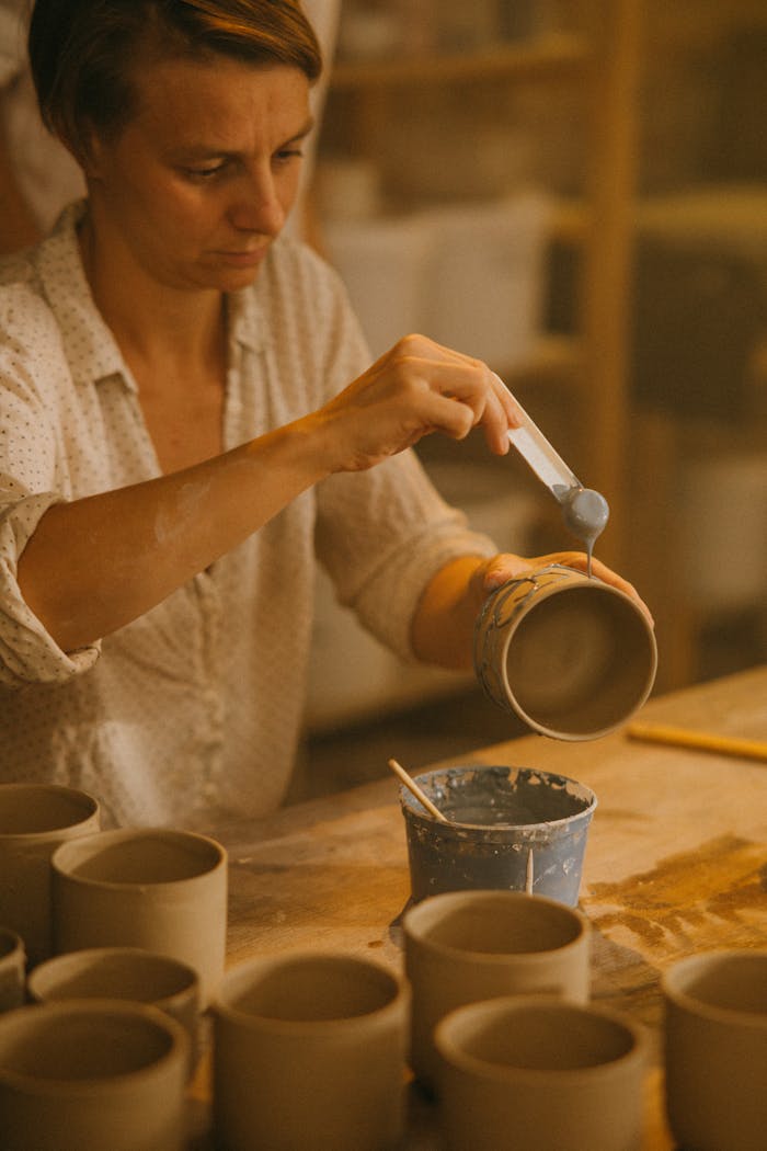 Focused artisan skillfully creating handmade ceramic mugs in a creative workspace.